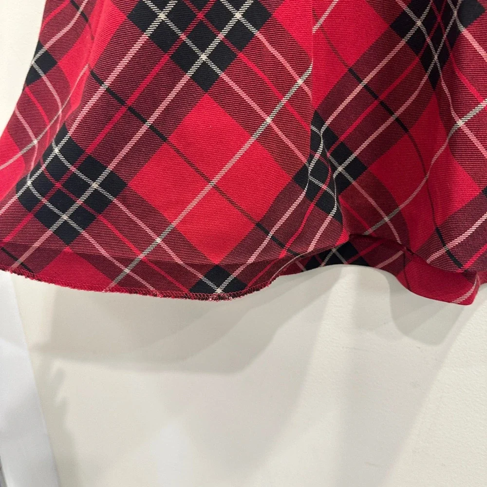 Red Plaid Tartan Midi Skirt Bias Cut A-Line Red Black White Classic Preppy Sz 14